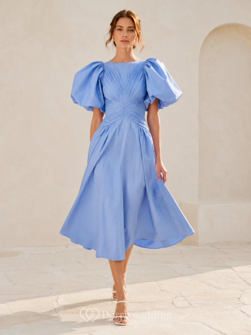 Blue puff sleeve pleated bodice tea length guest dress