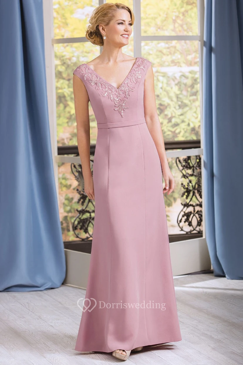V-Neck Cap-Sleeved Long Mother Of The Bride Dress With Appliques And Jewels