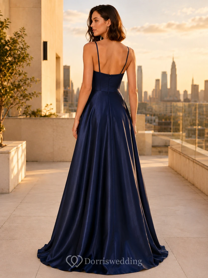 Dark Navy Spaghetti Satin Youthful A-Line Dress view 2
