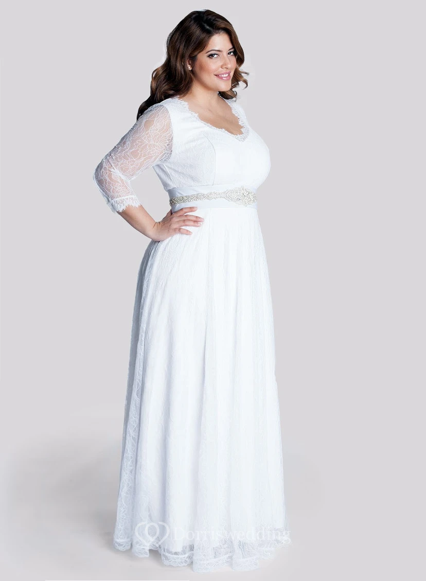 A-Linien-Kleid in Bodenlänge mit V-Ausschnitt, langen Ärmeln, Spitze an der Taille, Schmuck und Reißverschluss view 3