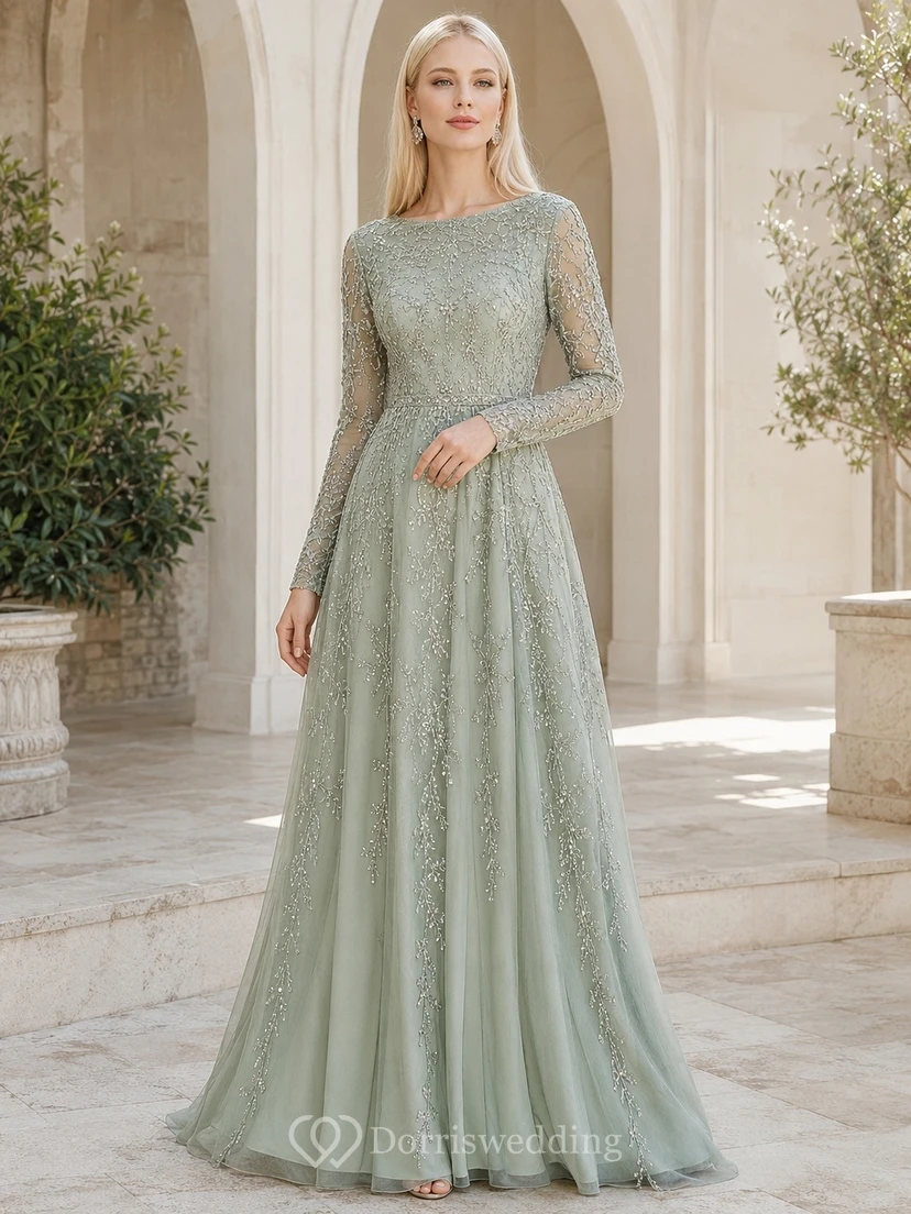 Vestido de novia largo hasta el suelo, de corte A, con cuello joya, tul y encaje azul medianoche.