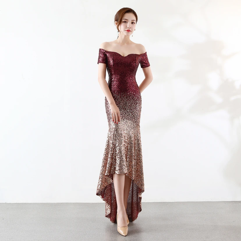 Robe asymétrique à manches courtes, style européen et américain, sequins dégradés, robe de soirée de mariage ou de banquet. view 5