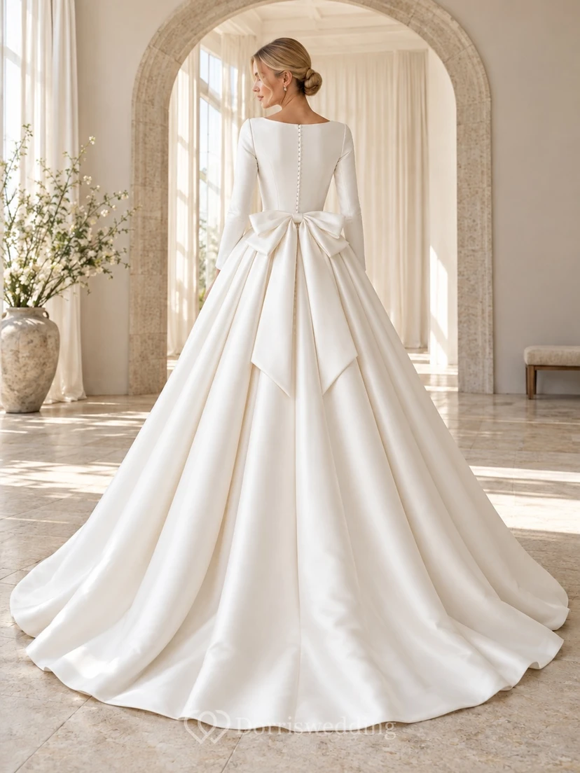 Robe de mariée simple et modeste à manches longues et nœud bateau en satin, style bal, robe de bal. view 2