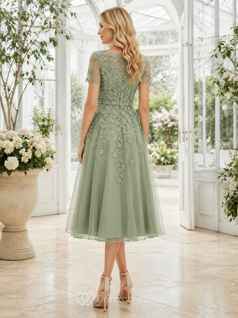 Sage Cap Sleeve Floral Applique Lace Tulle A-Line Tea-Length Dress view 2