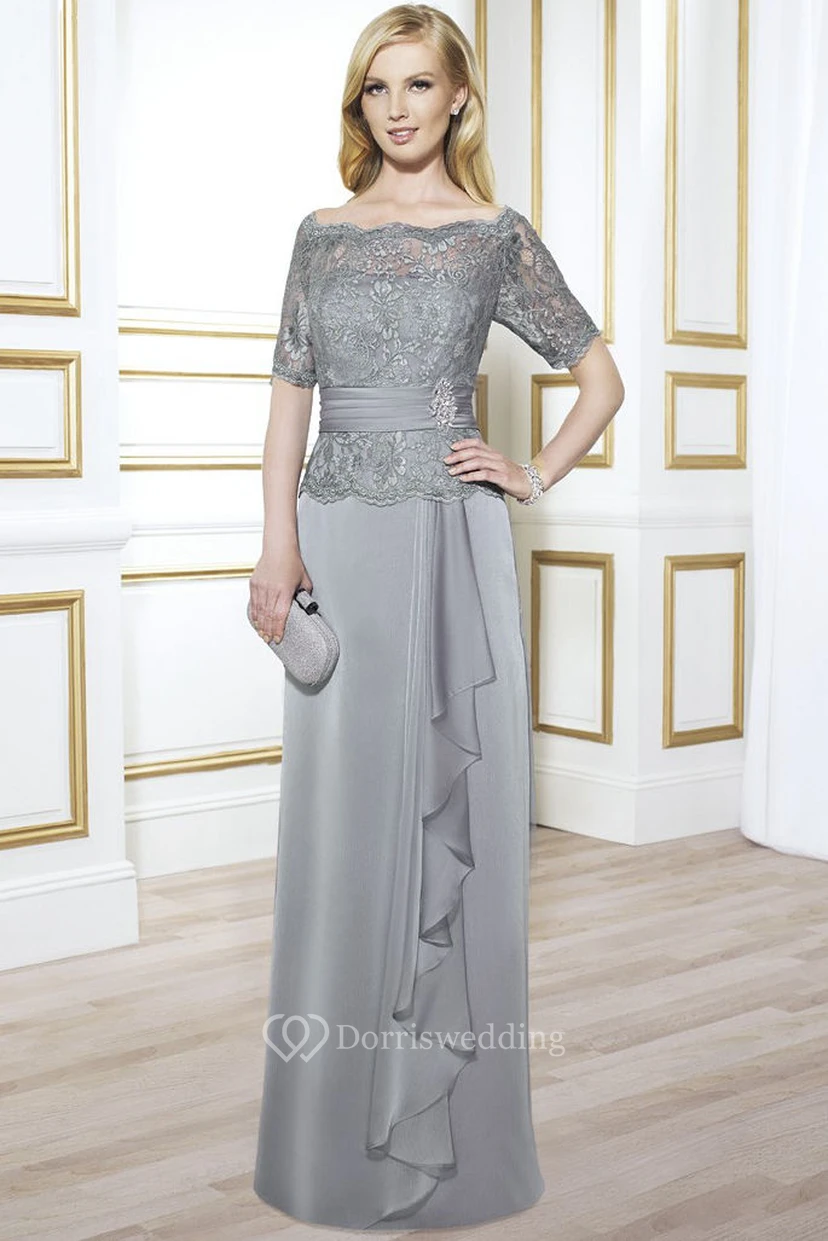 Appliqued Bateau Neck Short Sleeve Chiffon Formal Dress