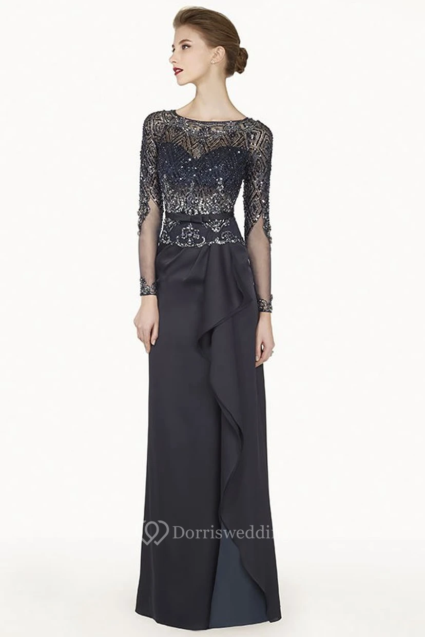 Robe de bal longue en satin à manches longues effet bateau et jupe cascade