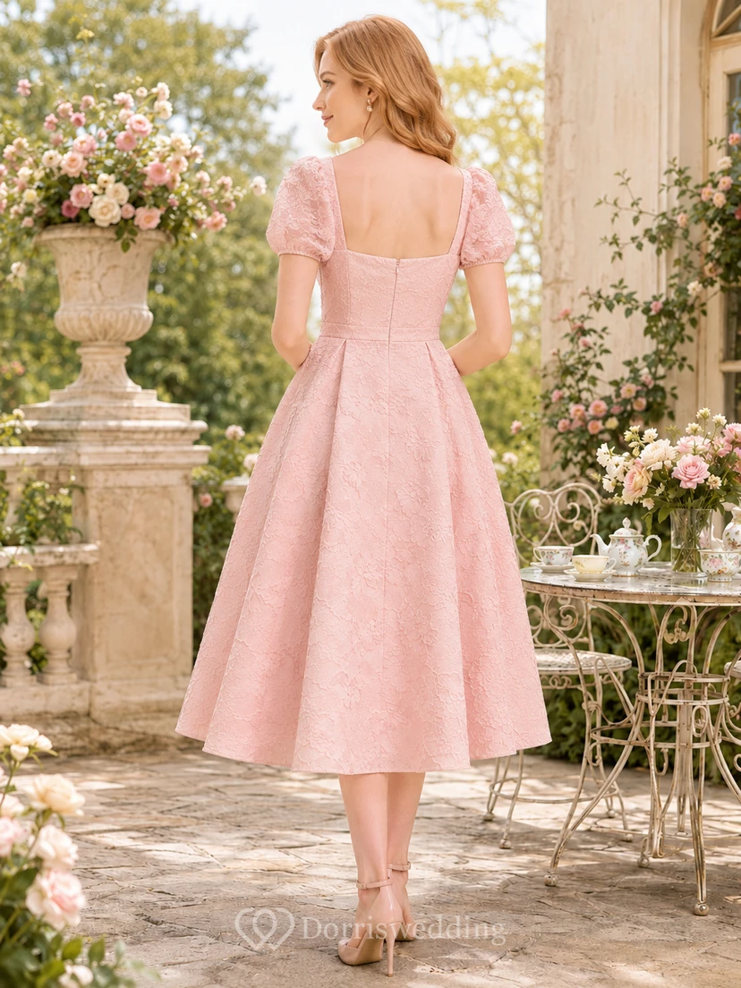 Garden Salon Blush A-Line Tea-Length Square Short-Sleeve Lace Vintage Guest Dress view 2