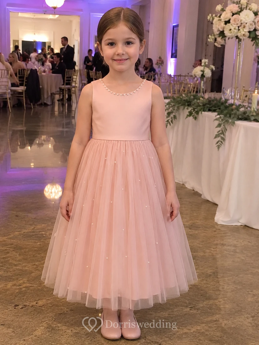 Scoop-neck Sleeveless Tulle Satin A-line Flowergirl Dress view 9