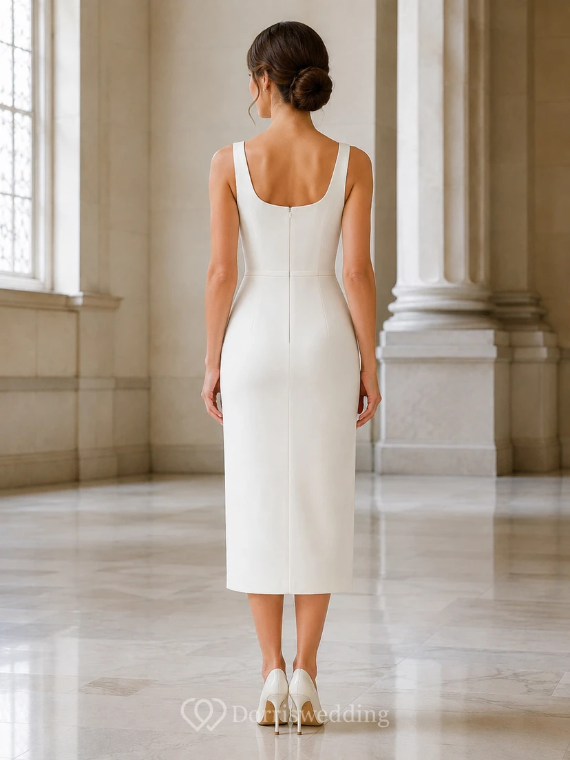 Minimalist Satin Wedding Dress Sheath Square Neck Sleeveless Knee Length Bridal Gown view 2