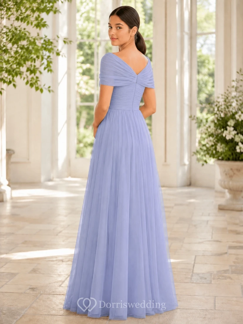 Lavendelfarbenes Brautjungfernkleid für junge Damen, A-Linie, schulterfrei, kurze Ärmel, Blütenblatt-Rüschen, romantisch view 2