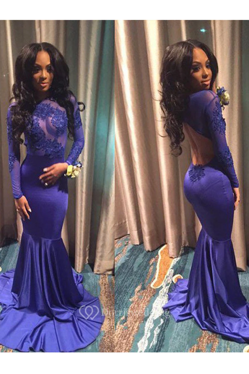 Mermaid Trumpet Satin Lace High Neck Long Sleeve Open Back Keyhole Dress