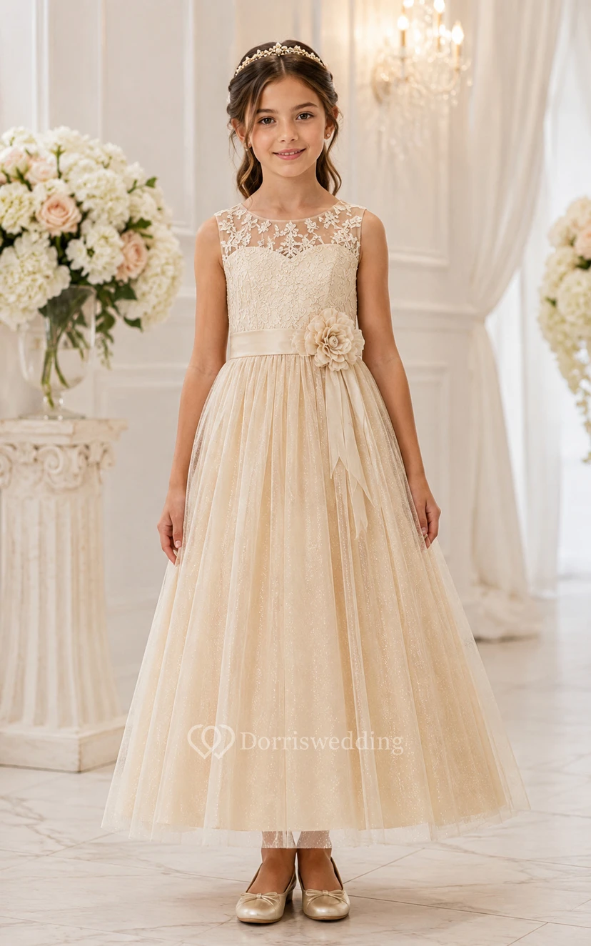Champagne A-Line Lace Flower Girl Dress with Floral Details, Bow Sash