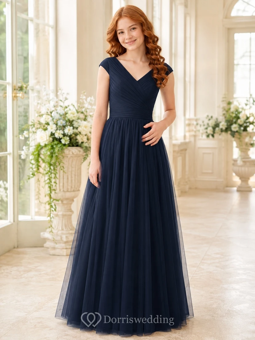 Dark Navy Junior Bridesmaid Dress A-Line V-neck Short Sleeve T-shirt Romantic