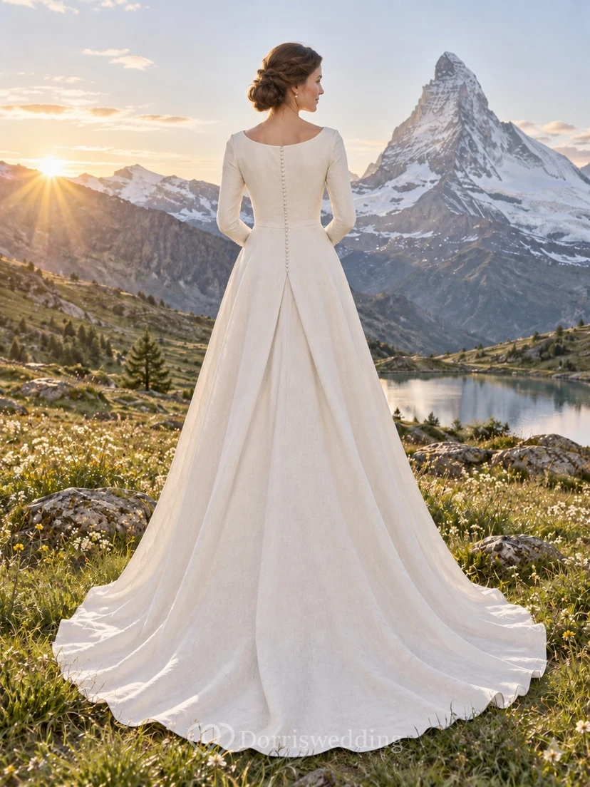 Vestido de novia sencillo de corte A con escote barco, confeccionado en lino, de manga larga y cola. view 2