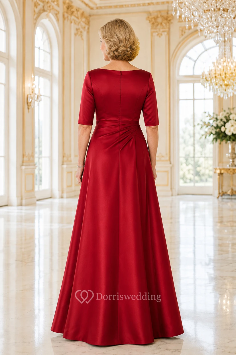 Mutterkleid aus rotem Satin, A-Linie, halblang, U-Boot-Ausschnitt, bodenlang, plissiert view 2