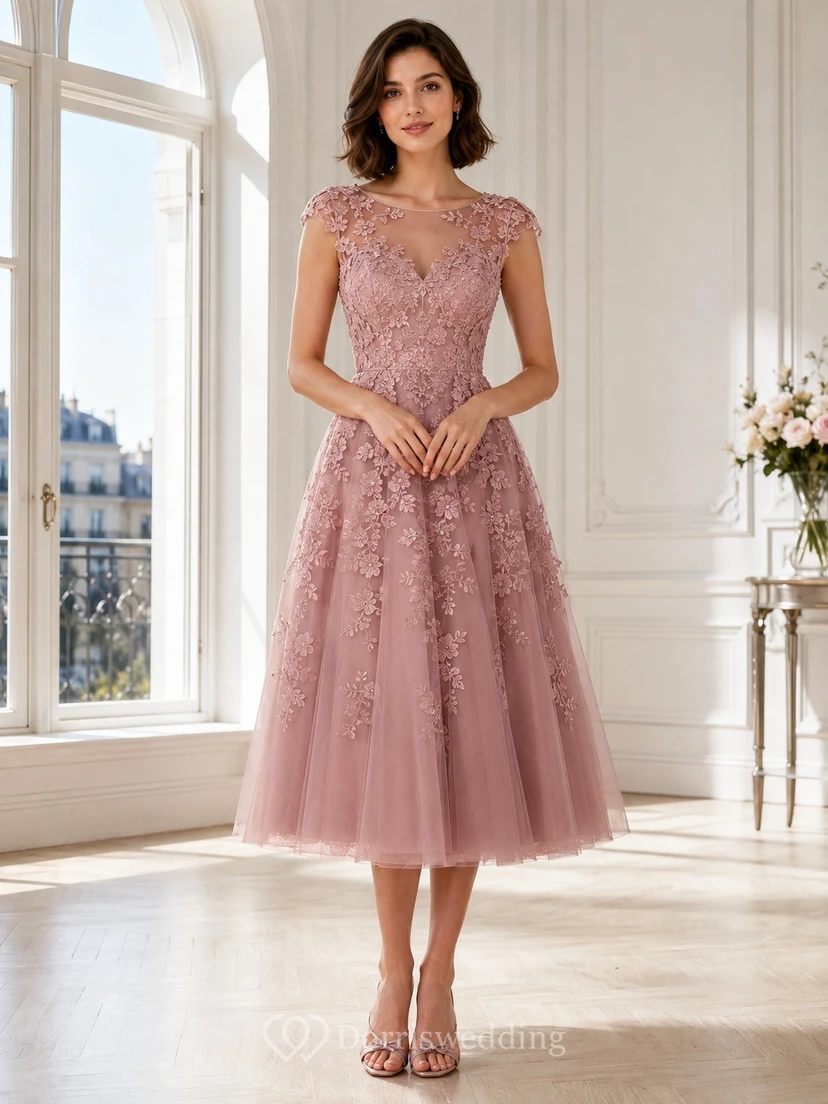 Vestido de fiesta romántico de encaje con mangas cortas y escote barco en color rosa empolvado, corte en A y largo hasta la rodilla.