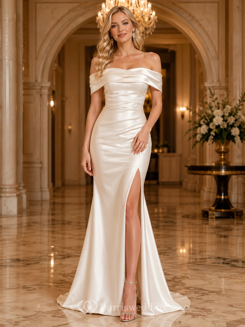 Pearl Off Shoulder Satin Mermaid Slit Dress