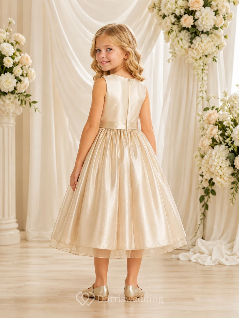 Champagne Simple A-Line Satin Flower Girl Dress Sleeveless Square Neck Tea-Length Metallic Finish view 2