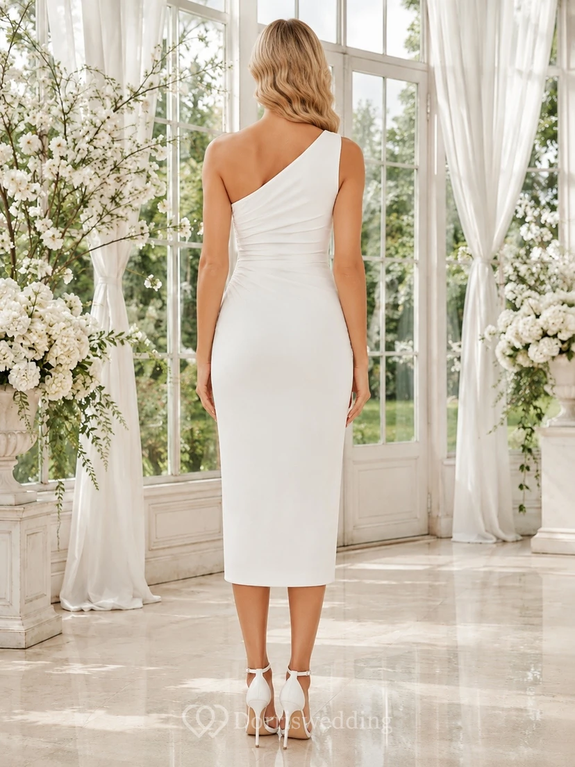 Civil One-Shoulder Sleeveless Sheath Tea-Length Split Formal Dress view 2