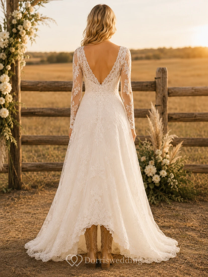 Western Rustic Lace A-Line Long Sleeve Wedding Dress With Boots view 2