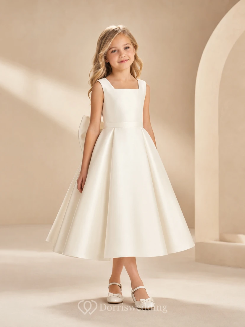 Modernes Blumenmädchen-Partykleid in A-Linie aus Satin mit eckigem Ausschnitt, ärmellos, teelang, mit Schleife