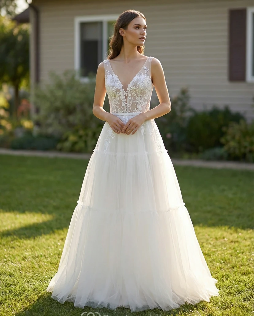 Sleeveless Lace & Tulle Ball Gown Wedding Dress