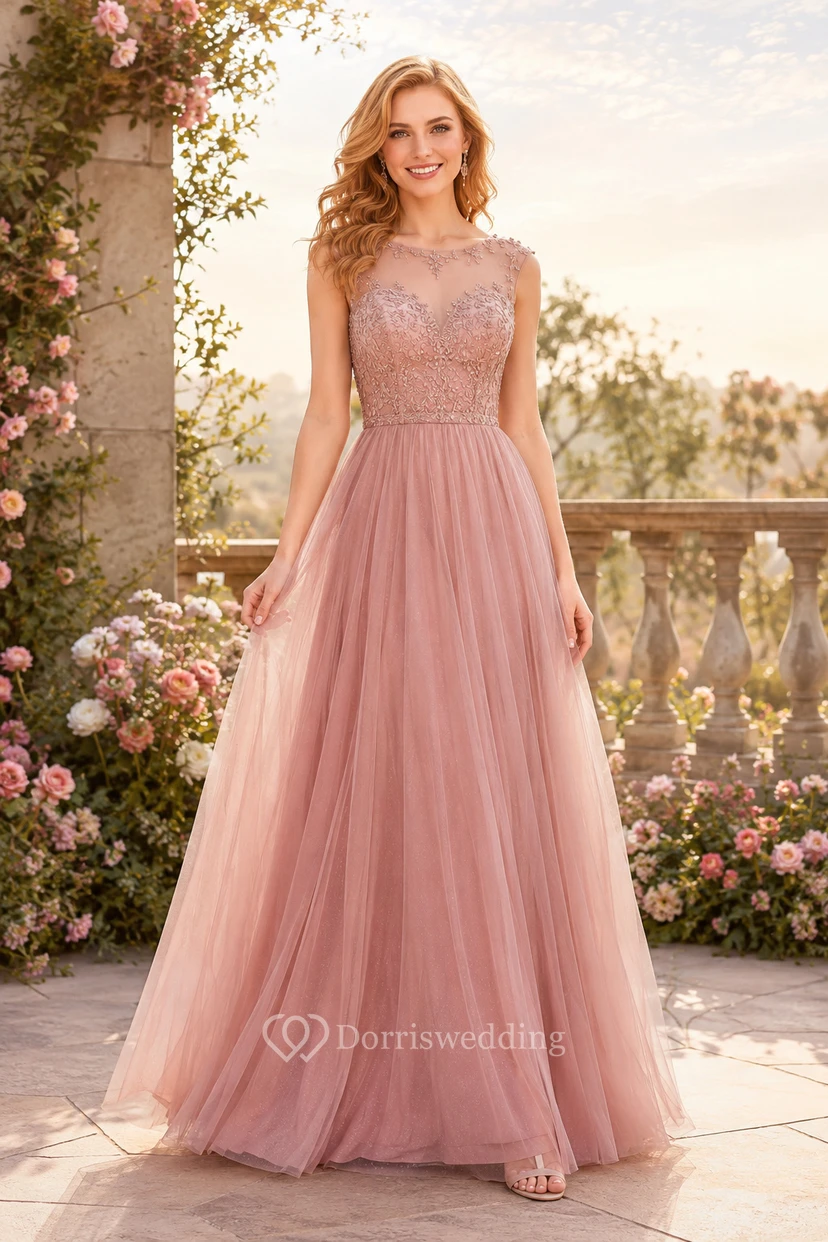 Altrosafarbenes A-Linien-Abendkleid aus Tüll mit Spitzenapplikationen und transparentem Oberteil