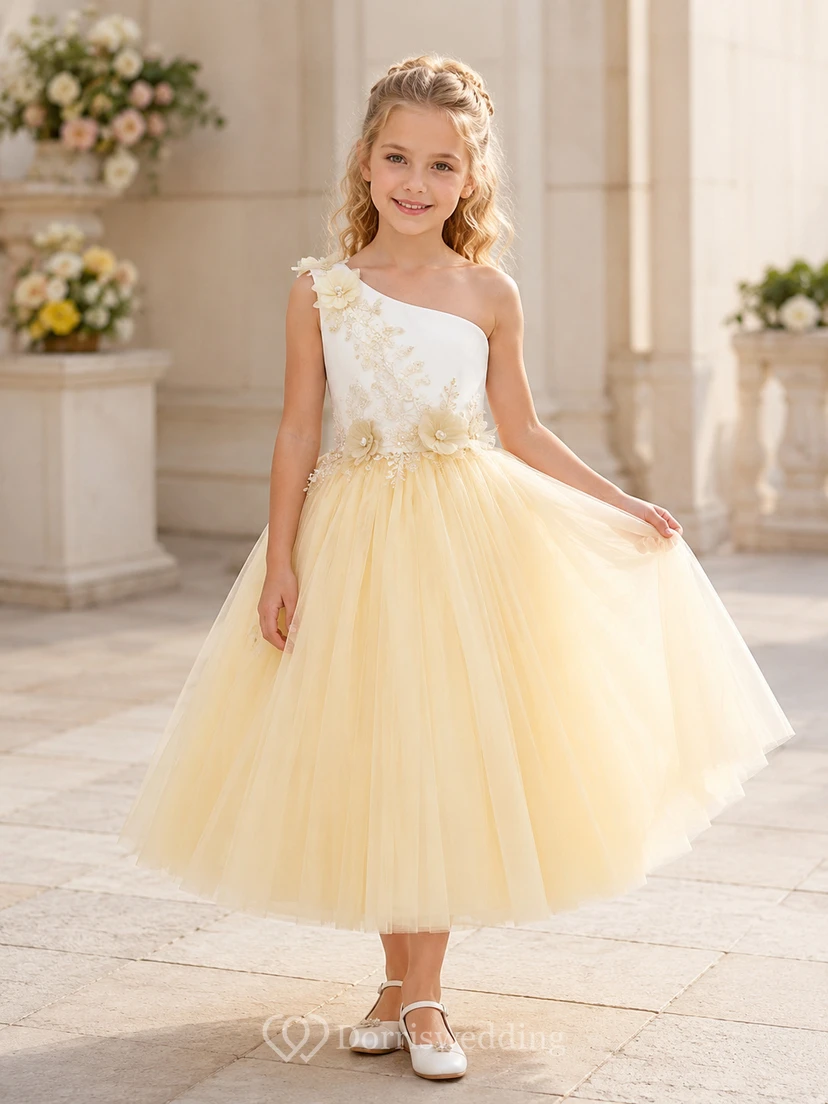 Flower Girl Dress Daffodil Tulle A-Line Jewel Neck Tea Length Bow Back