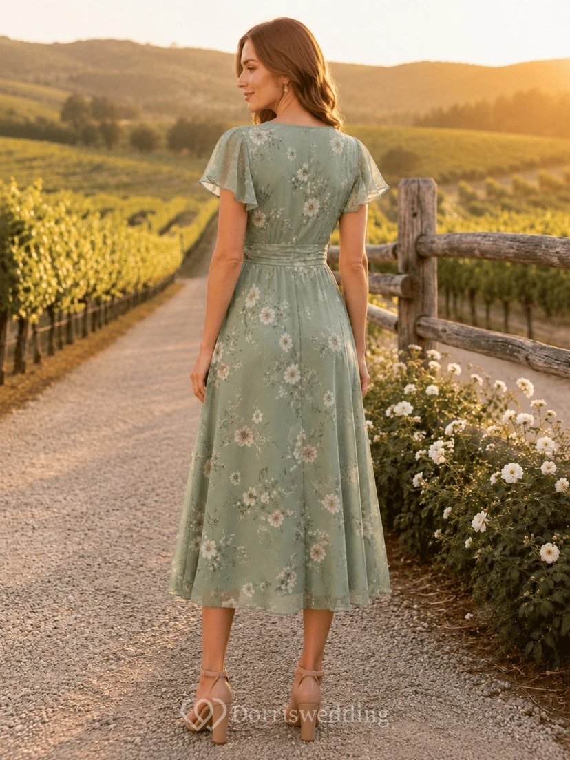 Vestido de cóctel formal para invitada de boda o dama de honor de Sage Rustic Vineyard, corte A, largo hasta la rodilla, escote en V, manga corta, gasa, estampado floral, bordado, cremallera trasera. view 2