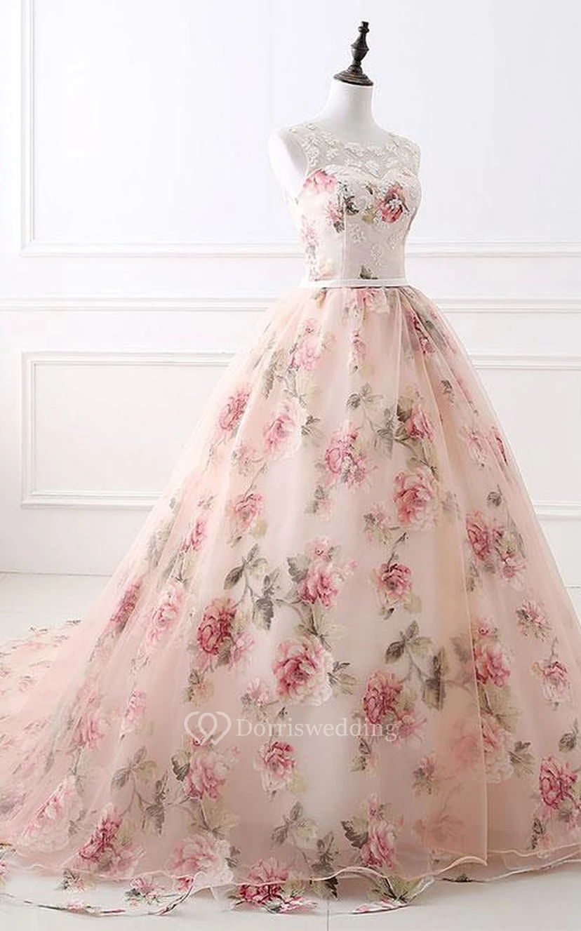 Vestido de fiesta de gala sin mangas con escote redondo y corte imperio, estampado floral view 3