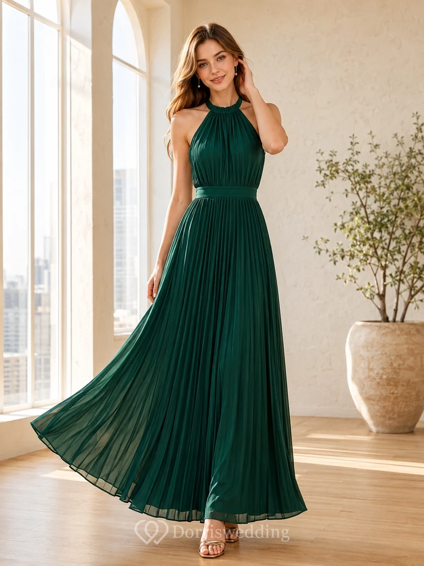 Vestido largo plisado sin mangas con escote halter de gasa verde oscuro