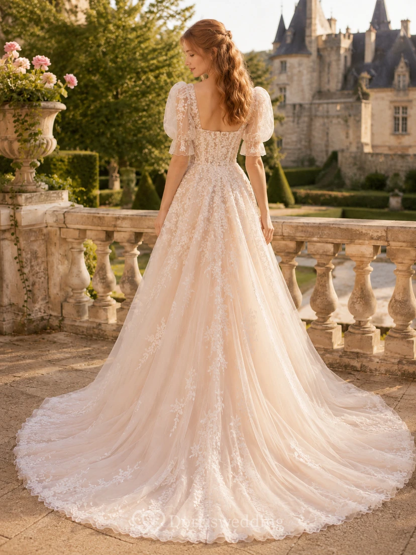 Vestido de novia de tul y encaje rosa ruborizado, estilo princesa, escote corazón, mangas abullonadas, cola larga y espalda en V baja. view 2