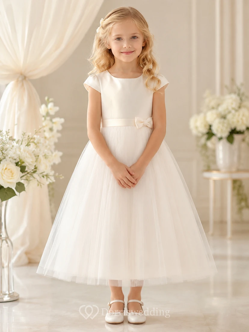 Blumenmädchenkleid aus champagnerfarbenem Tüll in A-Linie mit kurzen Ärmeln, Rundhalsausschnitt und knielanger Silhouette sowie Schleife am Rücken