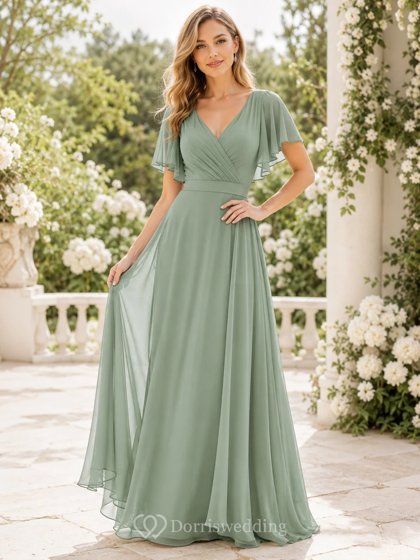Salbeigrünes, bodenlanges Brautjungfernkleid aus Chiffon mit V-Ausschnitt, kurzen Ärmeln und A-Linien-Schnitt