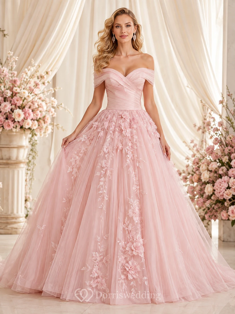 Vestido de princesa rosa ruborizado, escote Bardot, encaje floral, tul, cola larga, romántico, lujoso, para quinceañera