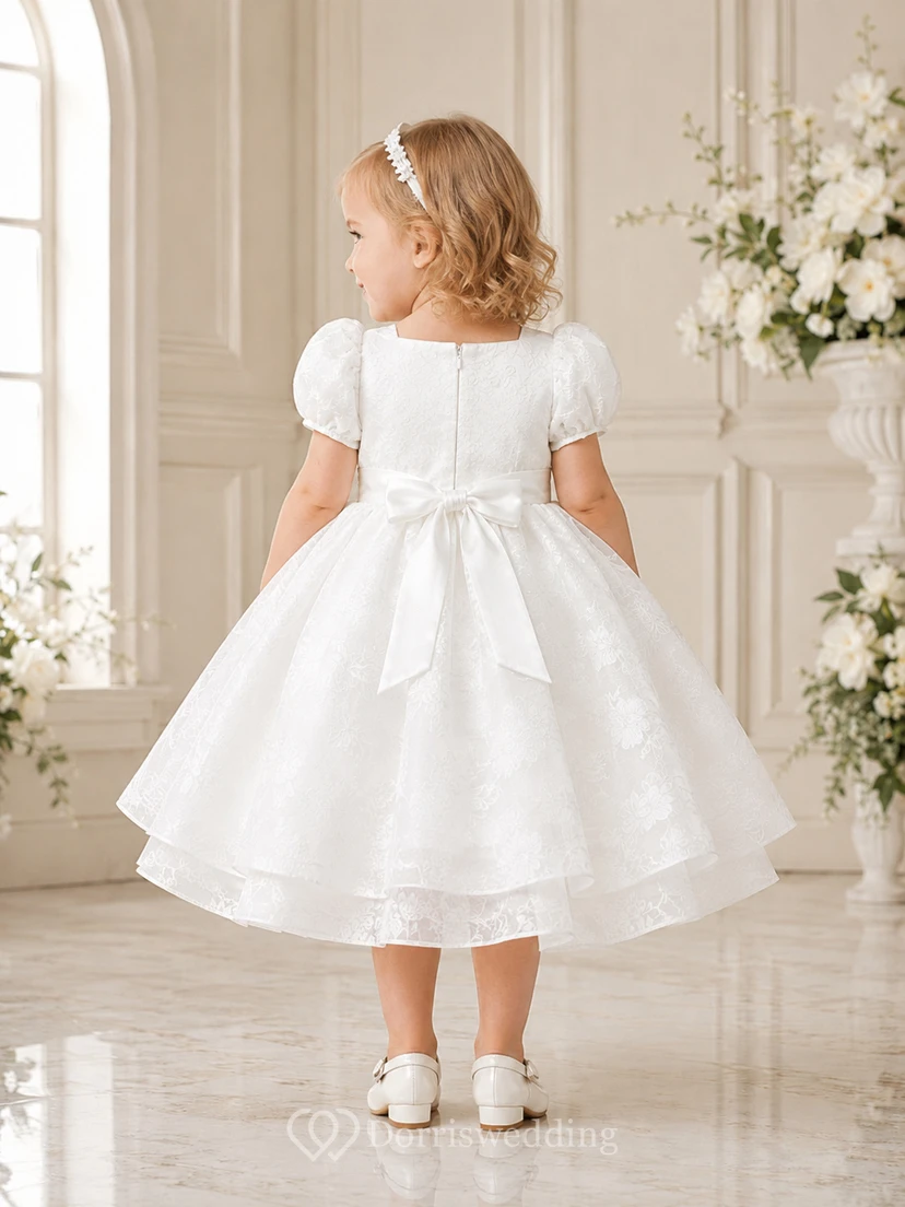 Baptism Dress A-Line Organza Tulle Square Neck Short Sleeve Bow Sash view 2