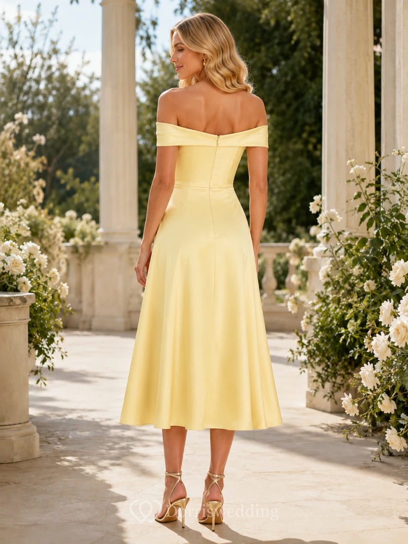 Butter Yellow Off Shoulder Draped Satin Midi Sheath Cocktail Dress view 2