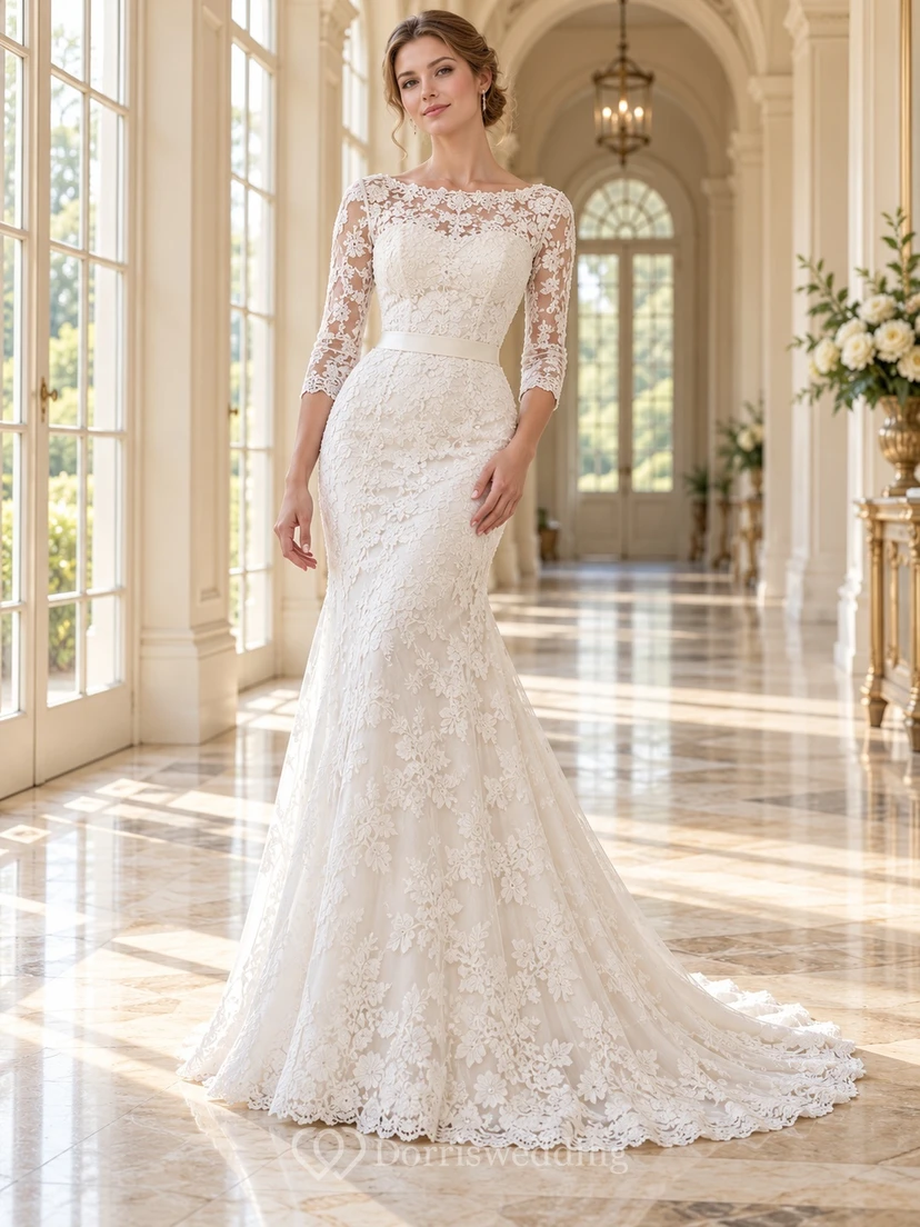 Modest Mermaid Bateau Neck Three Quarter Sleeve Lace Wedding Dress