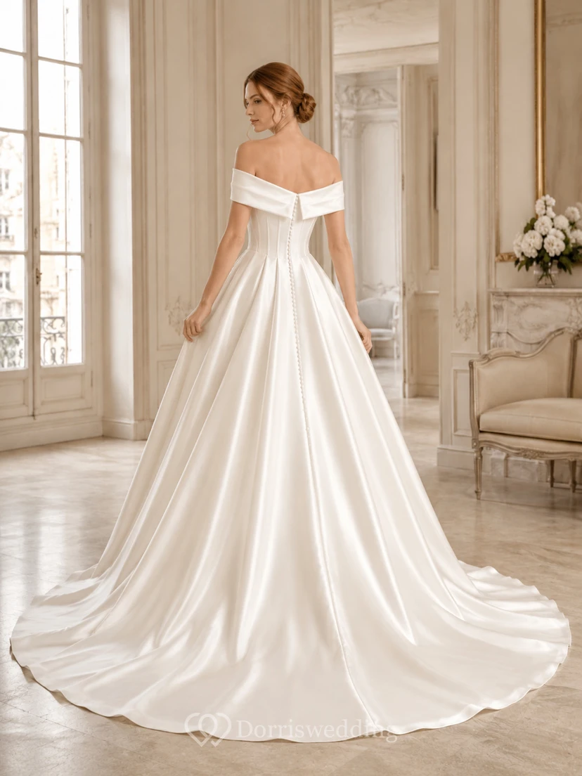 Robe de bal élégante en satin à épaules dénudées et traîne chapelle view 2