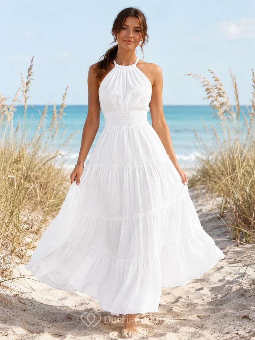 White Chiffon Halter Sleeveless Tiered A-Line Tea-Length Beach Dress