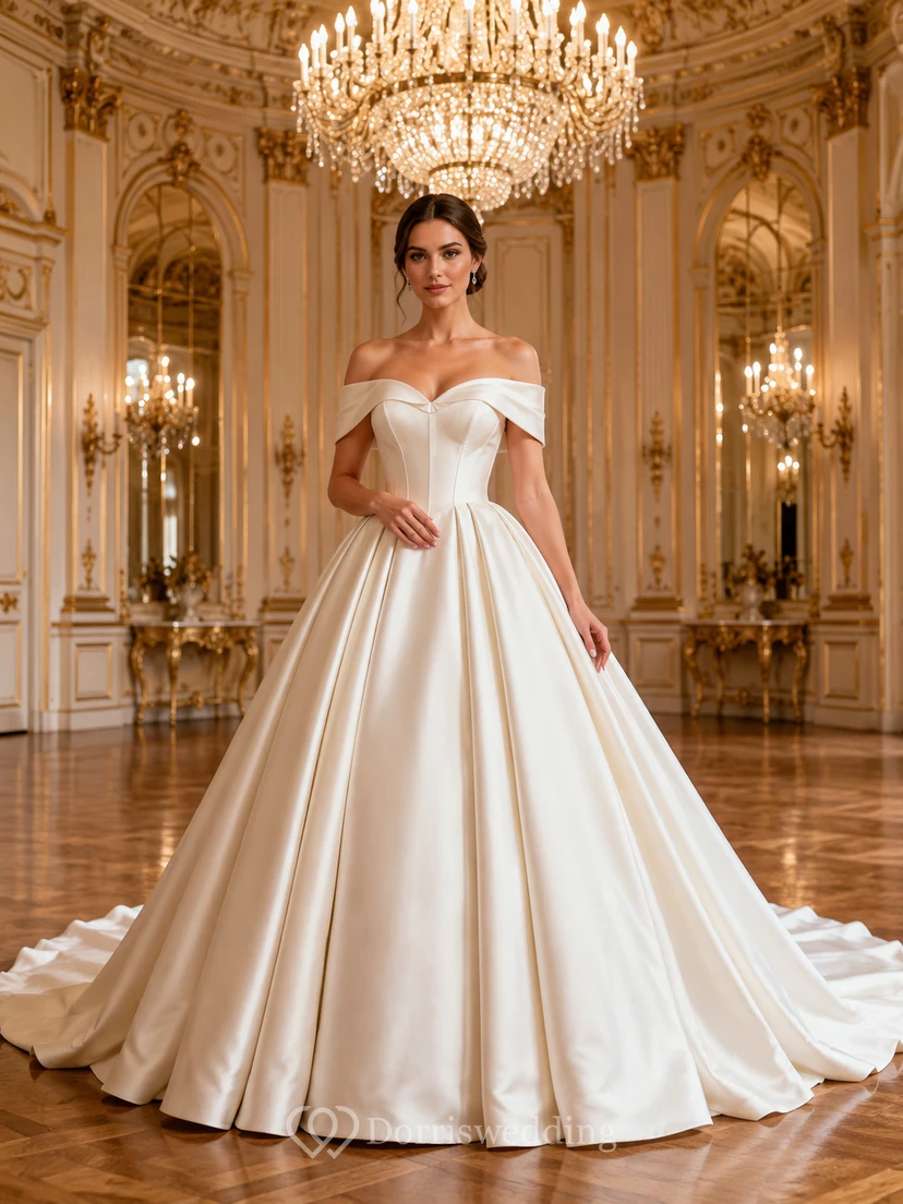 Minimalist Satin Wedding Dress Ball Gown Off Shoulder Chapel Train Bridal Gown