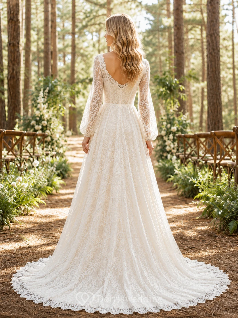 Long Sleeve Lace A Line Forest Ceremony Bridal Gown view 2