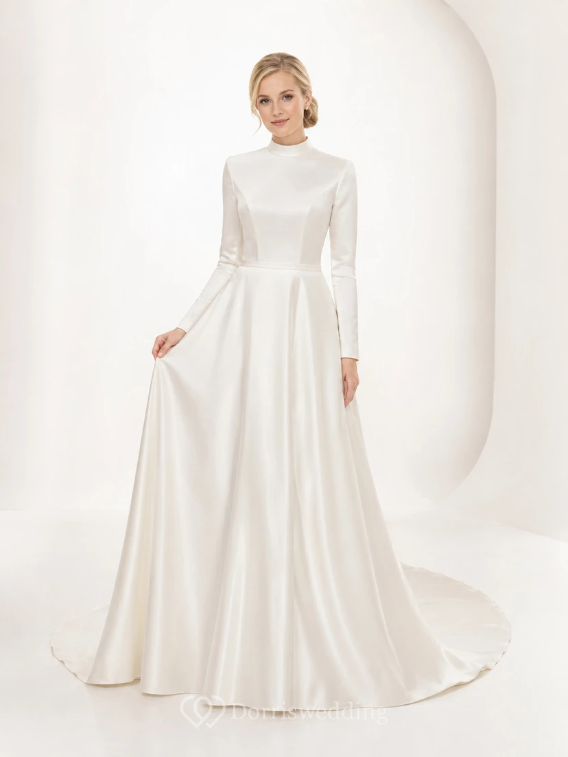 Schlichtes, hochgeschlossenes, langärmeliges Crêpe-Brautkleid der Mormonen