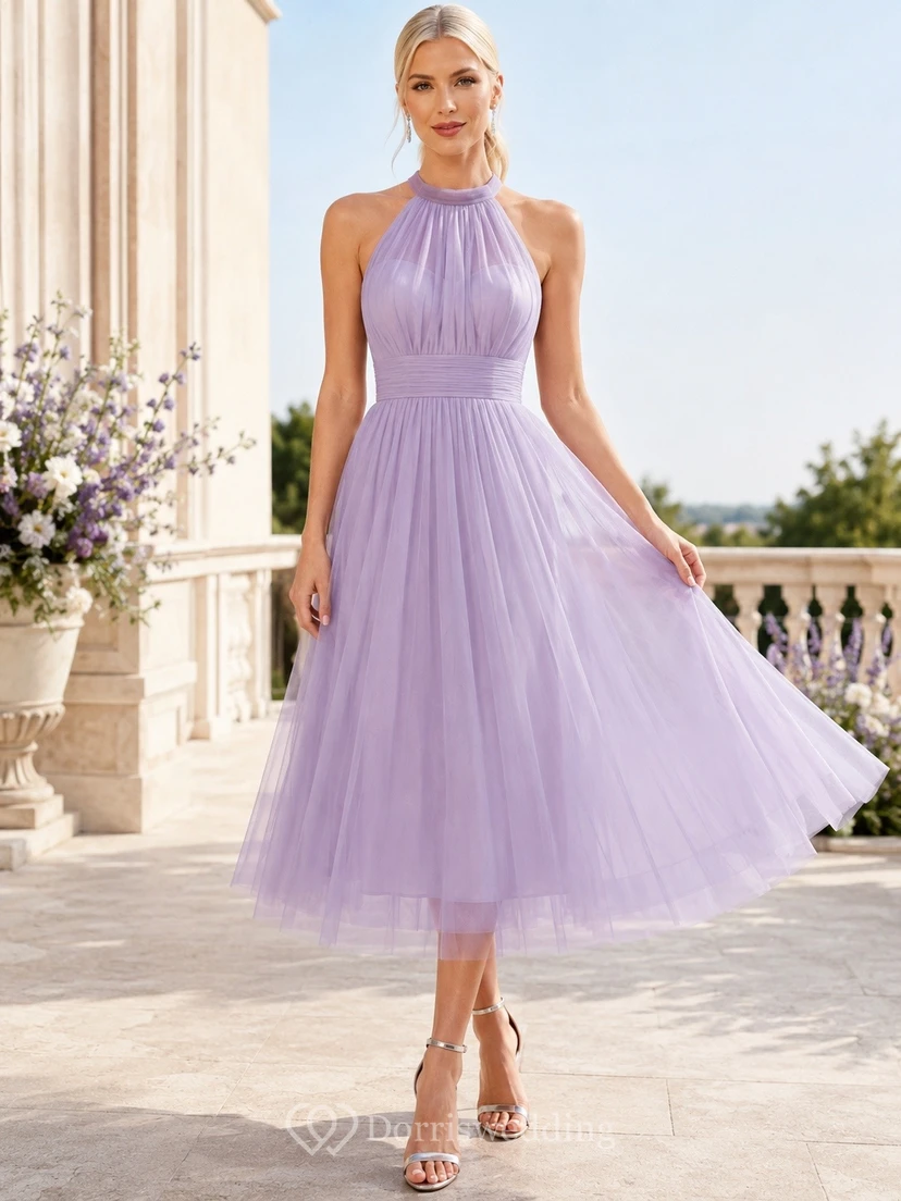 Lavender Tulle Halter Sleeveless A-Line Tea-Length Occasion Dress