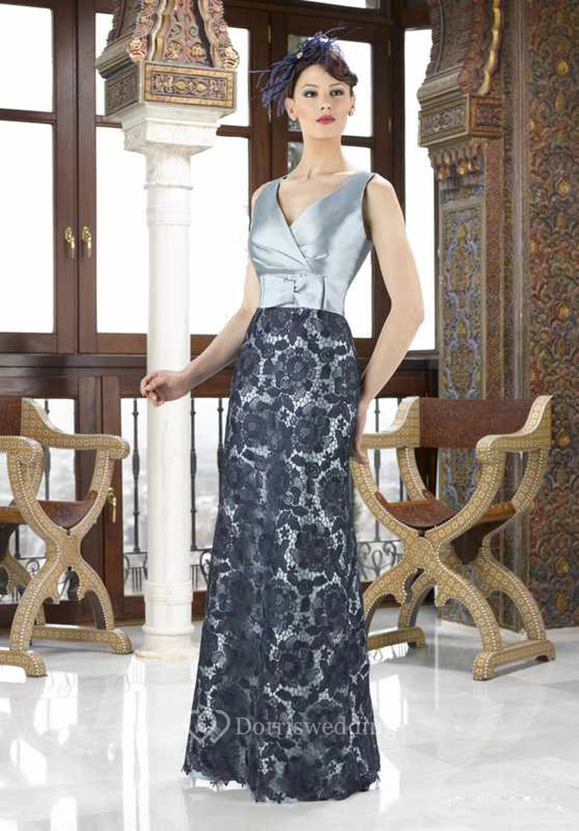 3-4 Sleeve V-Neck Lace Satin Mother Of The Bride Dress With Bow And Jacket view 2