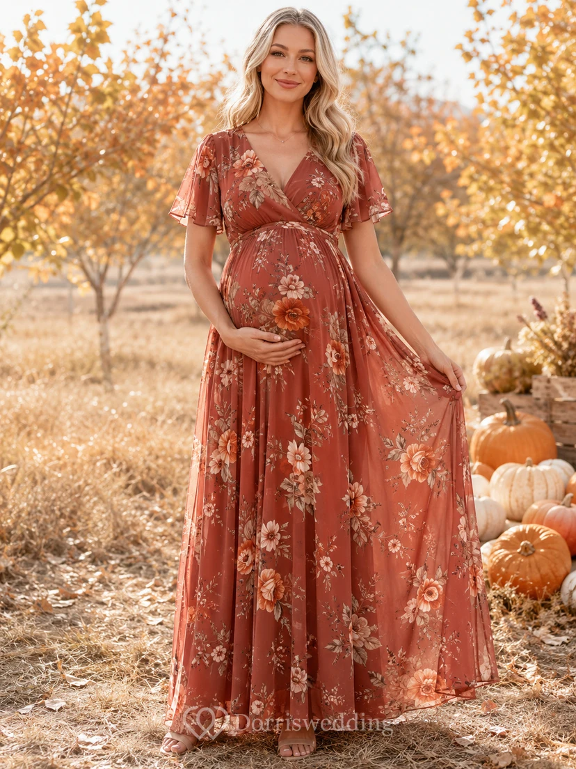 Robe de maternité automne en mousseline de soie à manches papillon et col V, coupe trapèze, ornée de fleurs rouille
