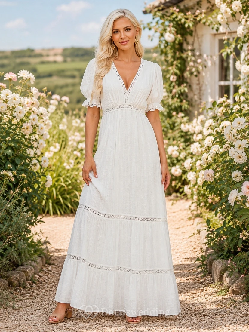 White Chiffon V-neck Short Sleeve Tiered A-line Maxi Dress