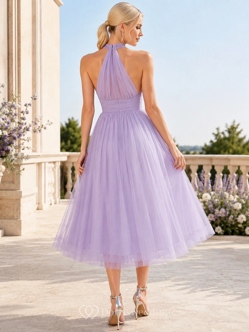 Lavender Tulle Halter Sleeveless A-Line Tea-Length Occasion Dress view 2