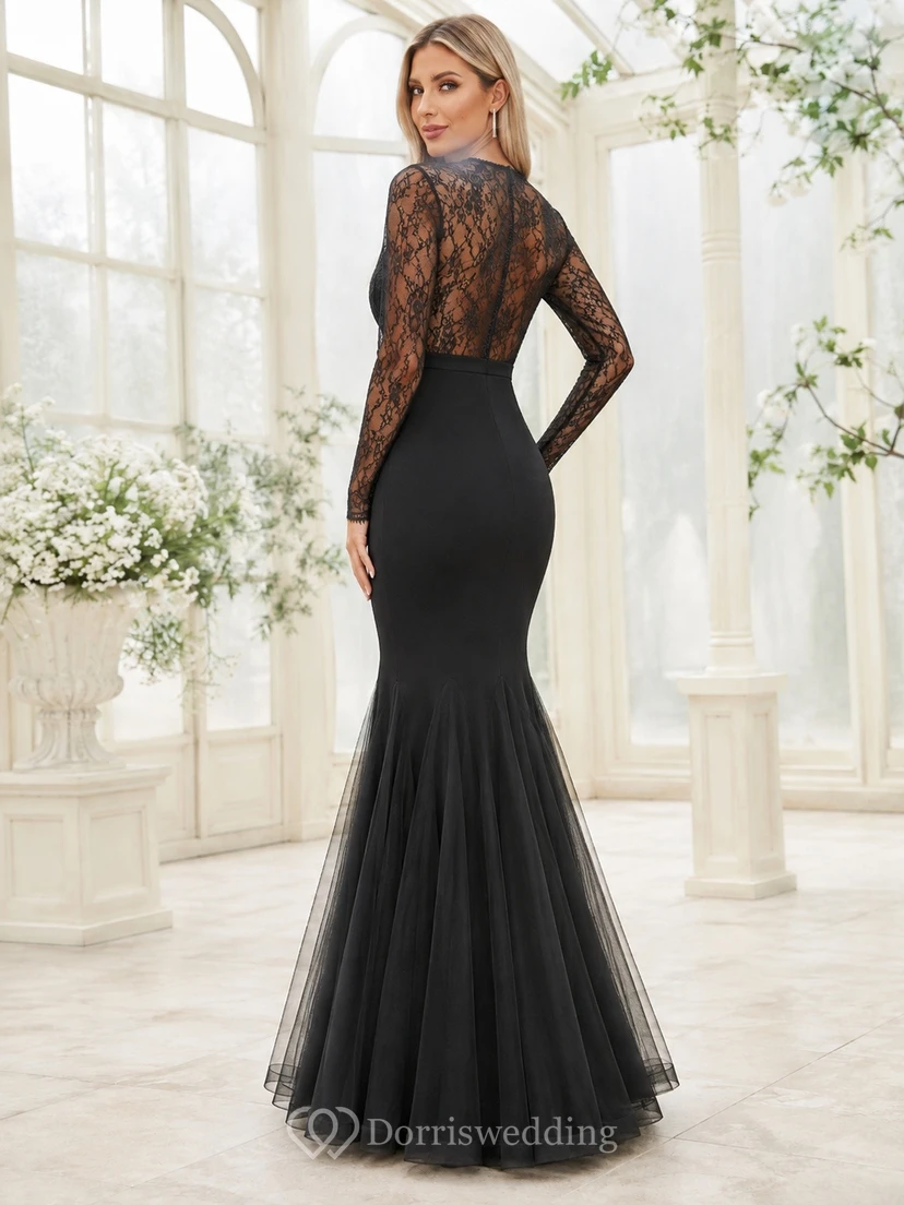 Vestido formal elegante y lujoso de encaje negro con mangas largas y efecto ilusión, estilo sirena, largo hasta el suelo. view 2