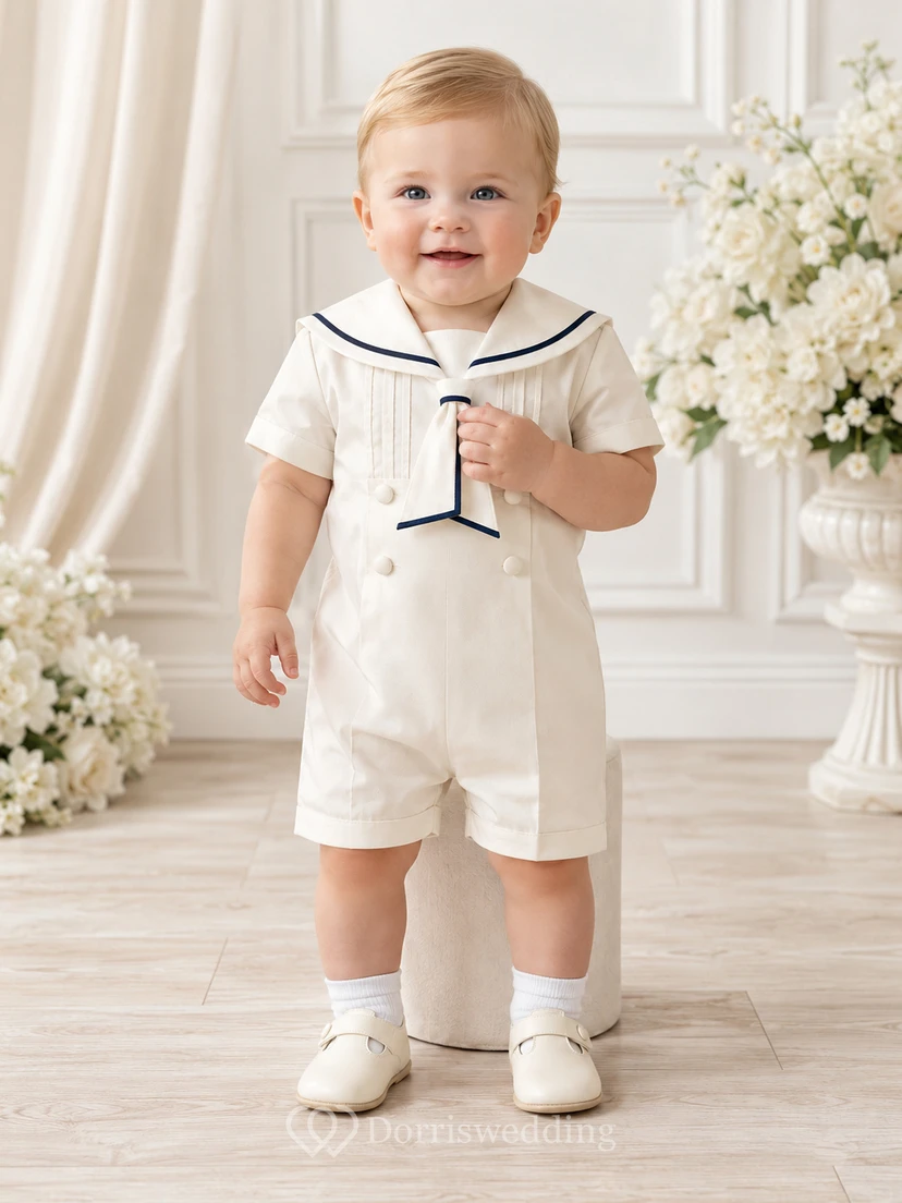 Moderner weißer Kurzarm-Taufanzug mit marineblauen Paspeln im Matrosen-Stil, ideal für Babys und Babys zur Taufe.
